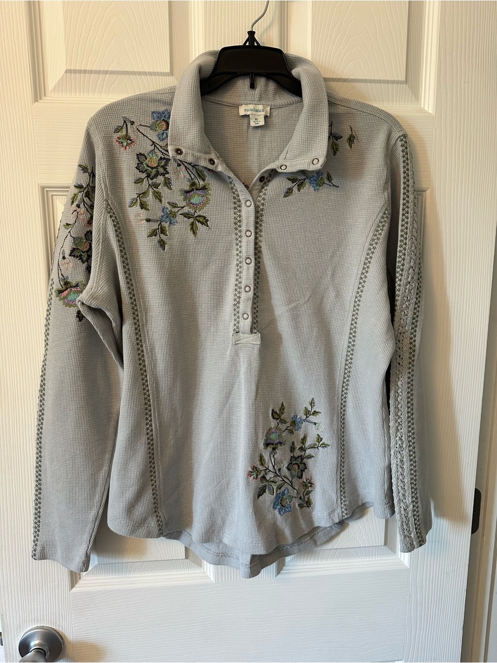 Sundance Light Blue Embroidered Snap-Front Polo Sweater
